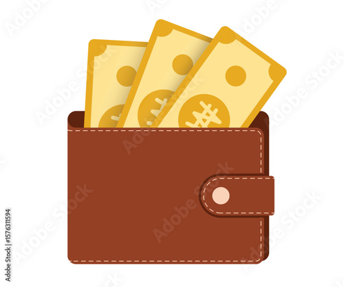Wallet packed with Korean won banknotes and golden coin, flat vector design ideal for financial graphics, forex, economy, and savings content