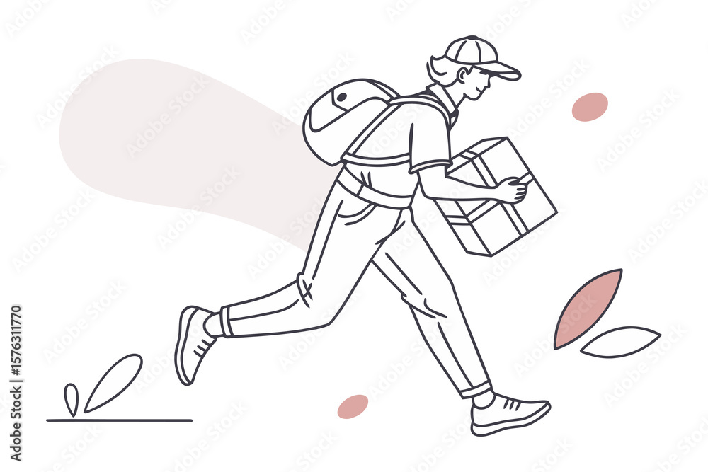 Fototapeta premium Speedy Delivery: Minimalist line art showcases a courier in motion, urgently delivering a package, symbolizing efficiency and fast service in shades of gray and pale pink.