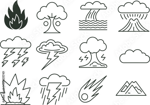 Natural and man-made disaster icon set. Vector symbols including fire, tsunami, volcano, nuclear bomb, tornado, thunderstorm, and meteor. Outline graphics for emergency or apocalypse themes.
