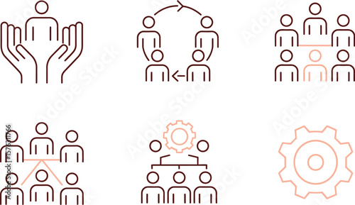 Business management and teamwork line icon set. Vector symbols for HR, leadership, collaboration, organizational structure, workflow, and employee support.
