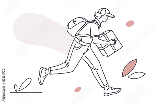 Speedy Delivery: Minimalist line art showcases a courier in motion, urgently delivering a package, symbolizing efficiency and fast service in shades of gray and pale pink.