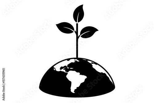 Growing plant on earth globe environment silhouette vector illustration