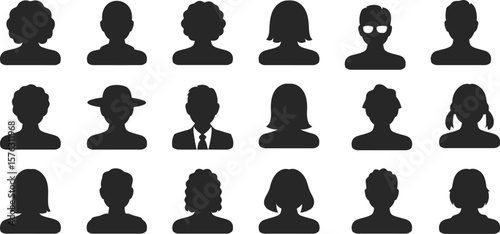 People silhouette icon set. Collection of diverse male and female user avatars. Vector graphic headshots for profiles, teams, or contacts. Anonymous character symbols with different hairstyles, glasse