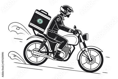 Delivery on Wheels: A streamlined illustration captures a motorcycle courier swiftly navigating the urban landscape, poised to deliver a package with precision. 