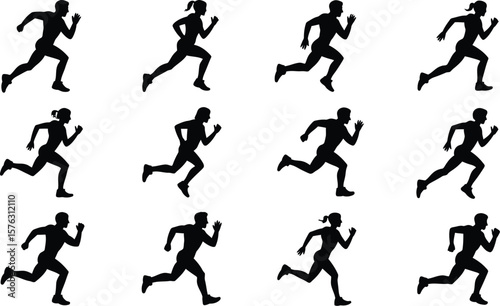 Running people silhouettes vector set. Collection of black icons showing male and female runners and joggers in various motion poses for fitness, marathon, sport, and exercise concepts.
