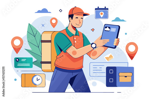 The Delivery Professional: An illustration of a delivery professional, poised to serve, interacting with a tablet, ready for dispatch in the modern service industry. 