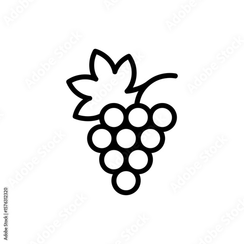 Simple black outline icon of a bunch of grapes with a leaf on a white background