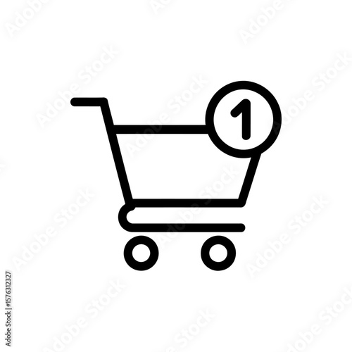 Simple black line icon of a shopping cart with a circle containing the number one