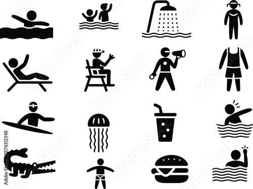 Swimming pool and beach safety vector icon set. Collection of glyph icons including swimmer, lifeguard, shower, lounge chair, surfer, jellyfish, alligator, and drowning person for summer vacation.