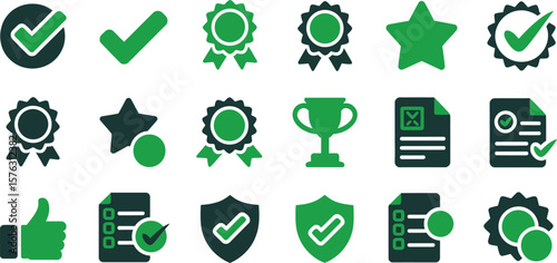 Quality and approval vector icon set. Collection of flat green icons including checkmark, award ribbon, star, trophy, guarantee shield, thumbs up, and certified document for success and satisfaction.
