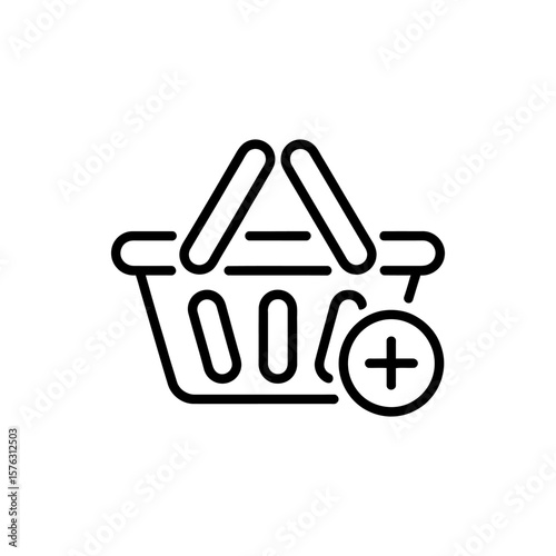 Simple black line art icon of a shopping basket with a plus symbol indicating adding to cart