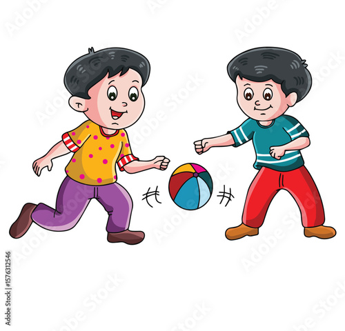 Cute cartoon hand drawn vector boys are playing football clipart.