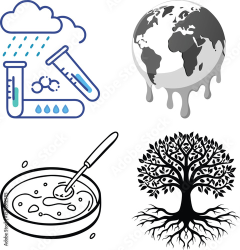 Vector art of rain and test tubes, a melting globe, a petri dish with a sample, and a tree with roots symbolize environmental science