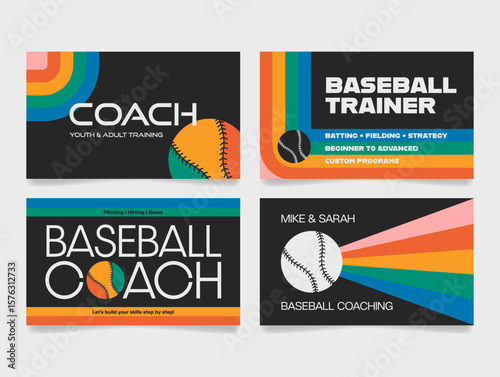 Retro style business cards offering baseball coaching services to kids and adults. Attractive business card designs focus on training programs, strategy, and skill development.