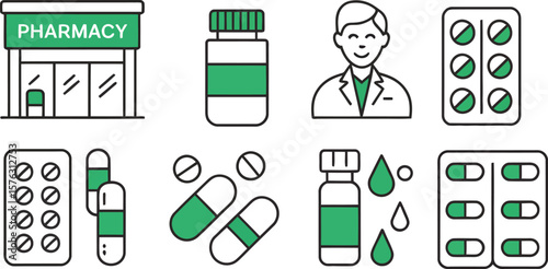 Pharmacy and medication line icon set with green accents. Includes drugstore, pharmacist, pills, capsules, blister packs, and drops. Vector symbols for healthcare and prescription medicine.
