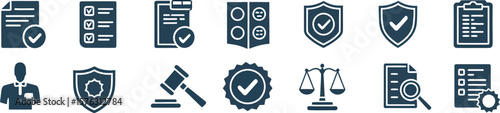 Compliance and legal regulations glyph icon set. Solid blue icons for policy, verification, and law. Includes gavel, shield, approved document, and checklist symbols for business and government.