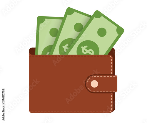 Wallet with green dollar bills and yellow dollar coins flat vector, leather wallet money cash icon, currency stack with solid background, perfect for finance and banking themes