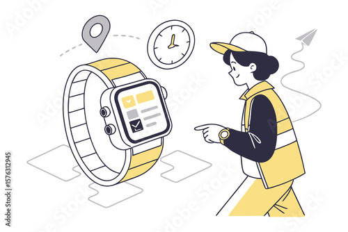 Smartwatch and Courier's Digital Connection: A courier using a smartwatch, highlighted by a clean illustration, showing efficient delivery tracking and time management.