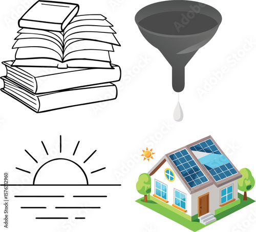 Vector art of a compilation of educational and sustainable living icons, showcasing books, filtration, a sunrise, and a solarpowered house