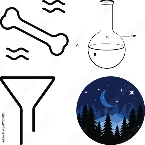 Vector art of a diverse set of scientific and natural elements, including a bone, laboratory flask, funnel, and a starry night forest scene