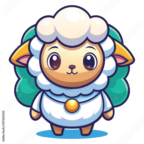 Cute cartoon sheep with a light teal/green mane, white body, and a light blue ruffled collar with a golden pendant