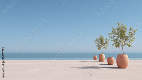 Fototapeta Naklejka Na Ścianę i Meble -  background of blue sea and open space of balcony with plants