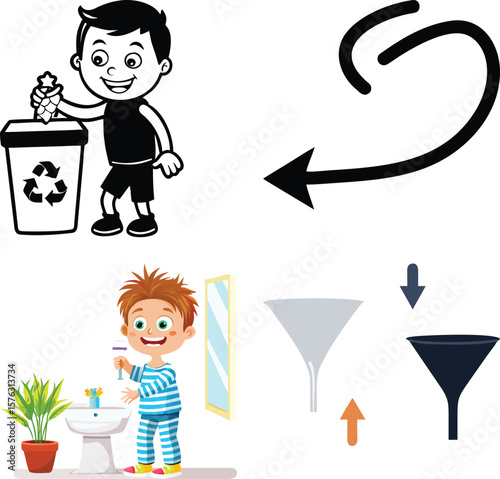 Vector art of children engage in ecofriendly habits like recycling and water conservation