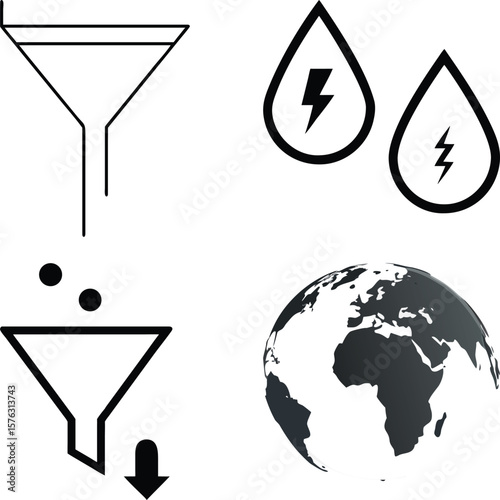 Vector art of funnels and drops symbolizing filtration and energy, alongside a depiction of planet earth