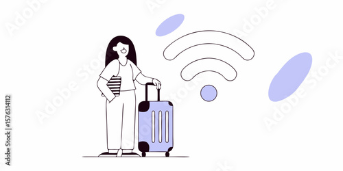 A woman travels with a suitcase in a connected world, ideal for travel blogs, hotel promotions, and digital nomad resources.