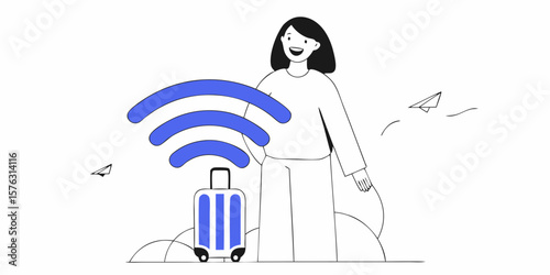 A woman traveler with her suitcase stays connected, using wifi while on vacation, travel planning, or business trip for seamless communication.