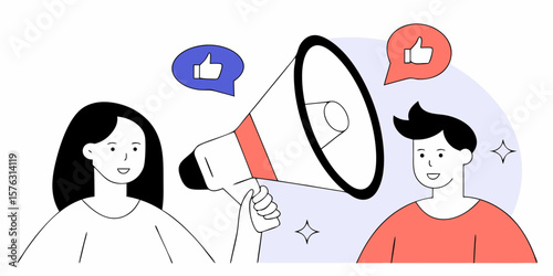 Two individuals are sharing positive feedback using a megaphone, depicted as scalable graphics ideal for social media marketing and promotional materials.