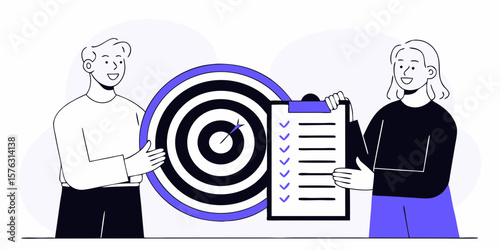 Achieving goals is the subject of this design with a checklist, dartboard, and two people, suitable for marketing or business materials.