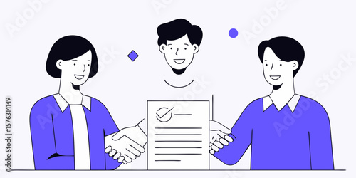 Business agreement finalized with successful partnership handshake, a clean graphic for corporate reports and presentations emphasizing collaboration.