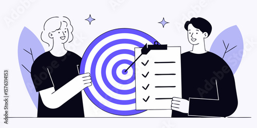 Teamwork achieves goals together, a flat design illustrating success and accomplishment in reaching targets with collaboration and business strategy.