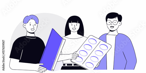 Group of people presenting a business proposal and medication in a collaborative healthcare or pharmaceutical design.