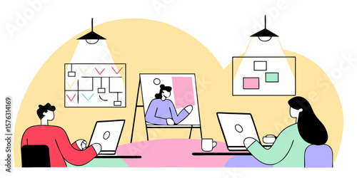Creative workspace scene depicts team collaboration and remote work with computers, whiteboard, and illustrations.