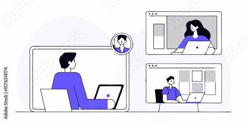 Online meeting depiction featuring people connecting through laptops in a virtual conference environment, suitable for business or educational designs.