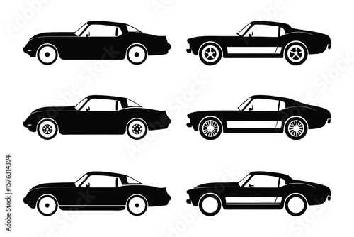 Vintage Car Silhouette Collection: A sleek array of classic vehicles, each meticulously silhouetted in bold black, showcased in this collection.