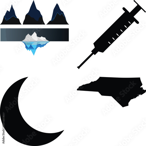 Vector art of a compilation of diverse icons including mountain charts, an iceberg, a crescent moon, a syringe, and the map of north carolina