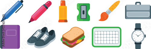 Assorted school and office supplies including a pen pencil glue brush notebook shoes sandwich calculator and watch vector png isolated on white background bundle set 2025 download