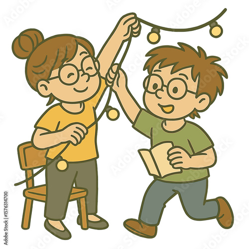 Smiling boy and girl hanging string lights at home