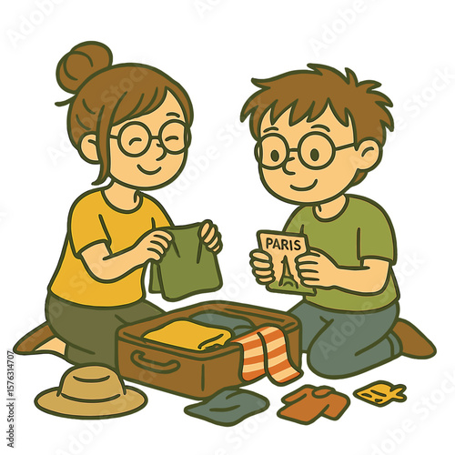 Boy and girl packing clothes into suitcase at home