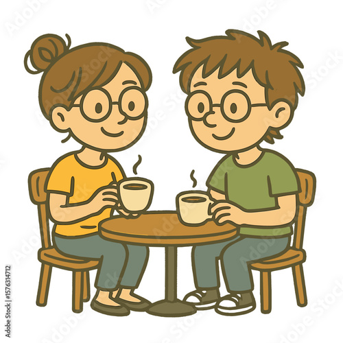 Smiling boy and girl drinking coffee at cafe table