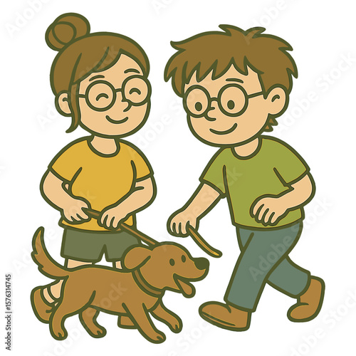 Boy and girl happily walking dog in park
