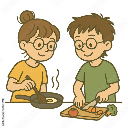 Smiling boy and girl cooking meal together in kitchen
