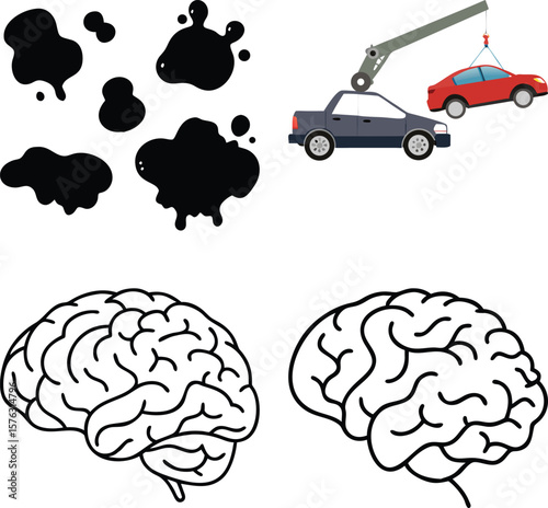 Vector art of a set of abstract ink splatters, a tow truck lifting a car, and two detailed illustrations of human brains