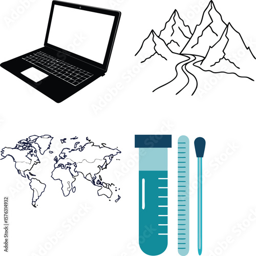 Vector art of a collection of icons representing technology, nature, global connectivity, and scientific research