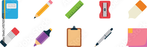 Blue notebook yellow pencil green ruler red sharpener beige orange eraser red blue eraser purple marker brown clipboard silver pen pink sticky note vector png isolated on white background bundle set 2