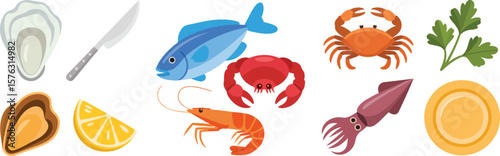 Seafood assortment with oyster mussel fish shrimp crab squid lemon parsley and plate vector png isolated on white clipping path cutout background, bundle set 2025, 2026 download