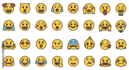 A collection of various yellow emoji faces expressing different emotions and reactions displayed on a white background.